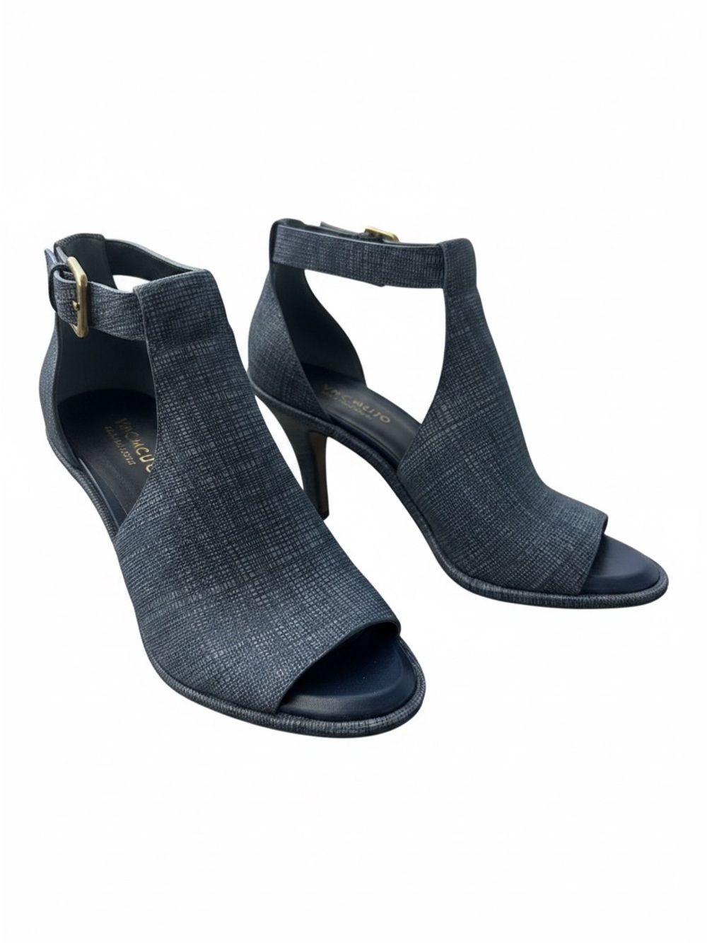 Vince Camuto Linen Embossed Slate Blue Open-Toe T-Strap Heels New in Box 7.5